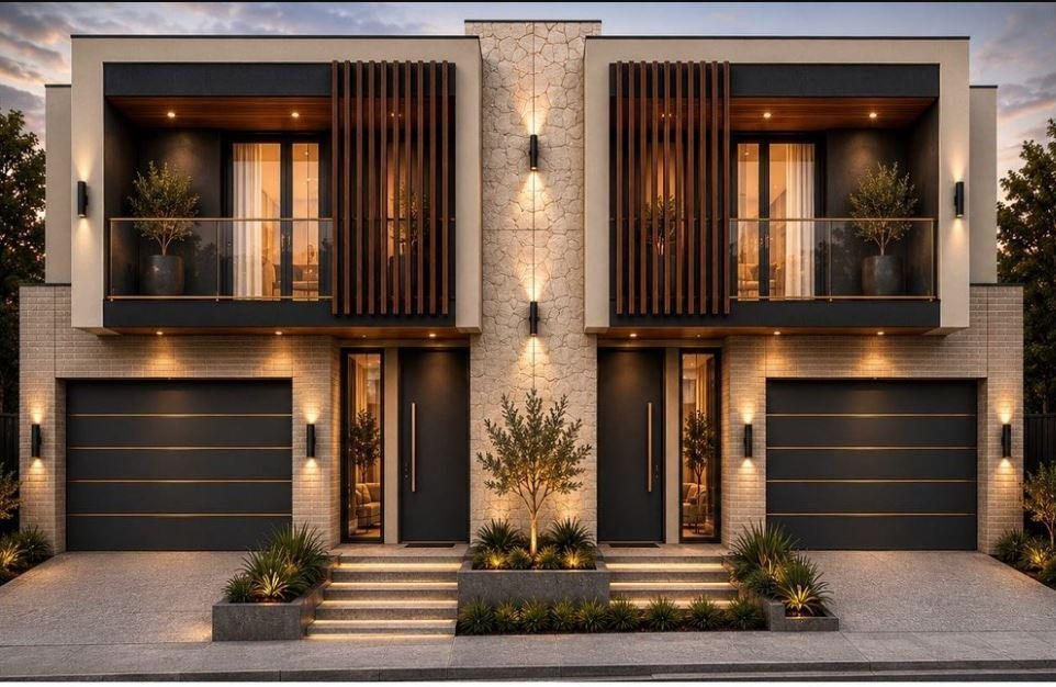 Front render of the dual occupancy with stone cladding, timber battens and two garages