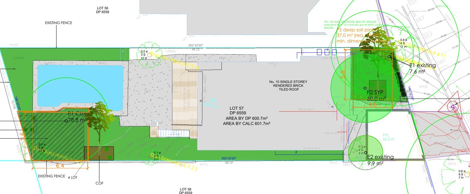 Landscape plan showing pool, lawn, garage extension and planting
