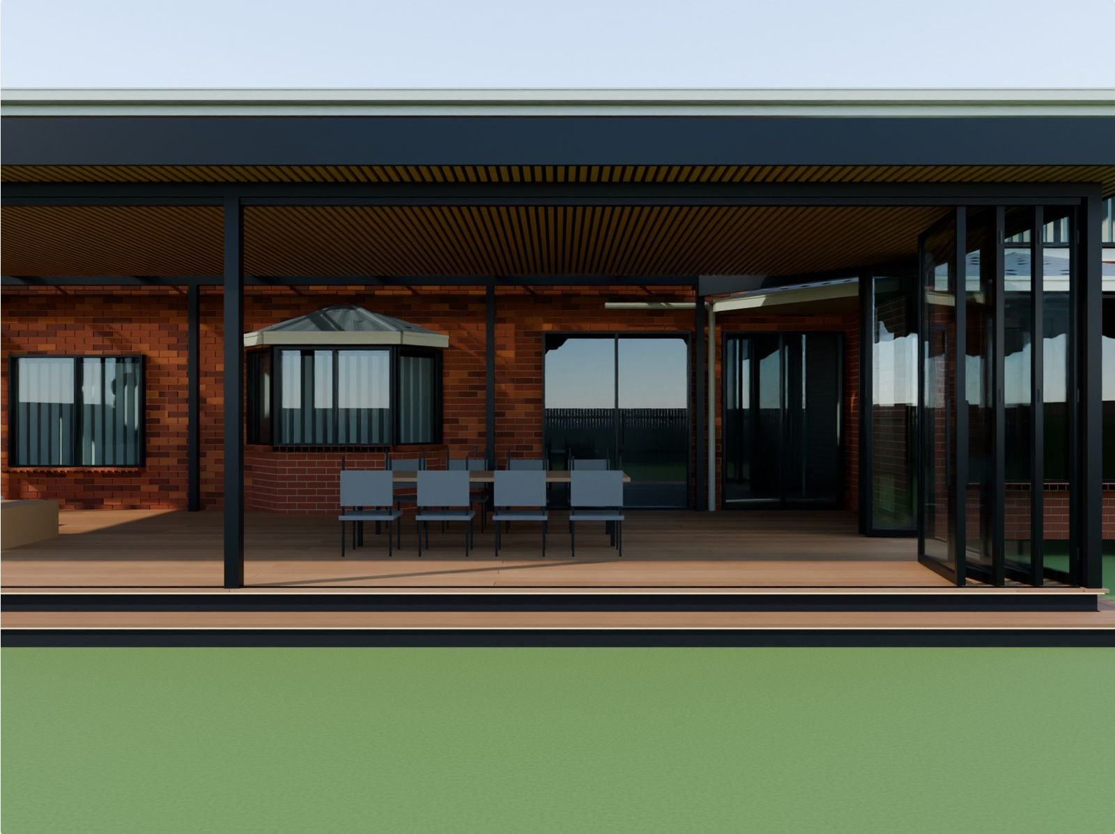 Proposed pavilion with a slatted ceiling, timber deck and glazed bifold side